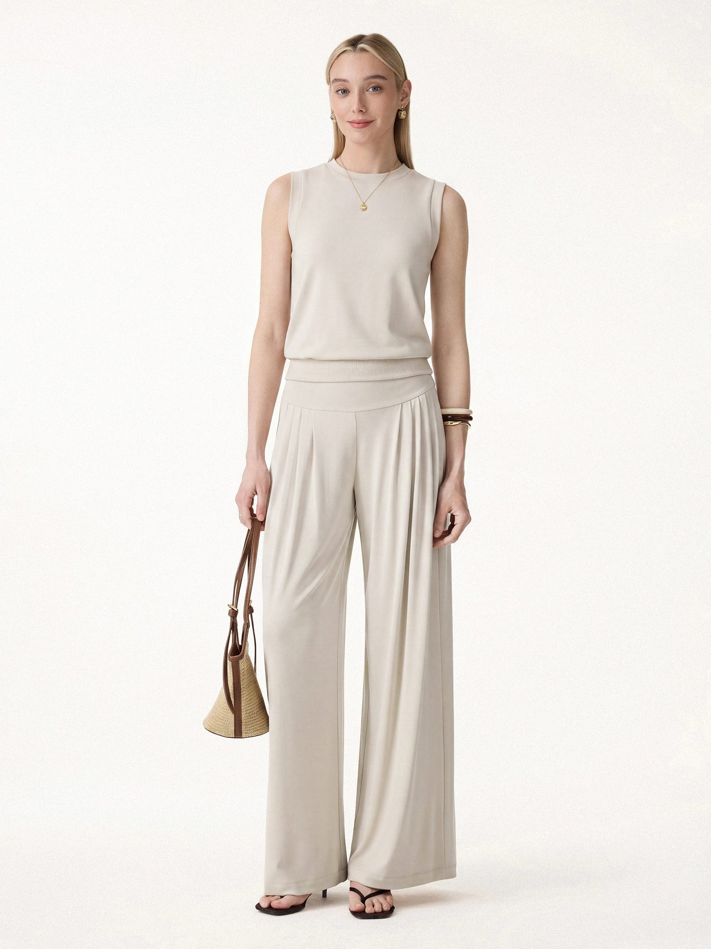 2Pcs Set Crew Neck Top & Flowy Tucked Palazzo Pant with Pockets