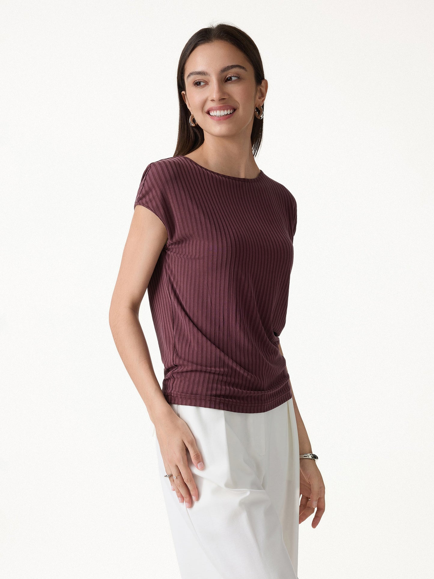 Wrinkle-Free Ultra-soft Boatneck Cap Sleeve Ribbed Top